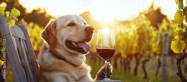 Obraz A golden Labrador retriever sits on a wooden chair in a vineyard, holding a glass of red wine. The sun sets in the background, illuminating the scene.
