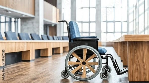 Obraz A blue wheelchair positioned in a modern conference room with wooden furniture and large windows. The space is bright and spacious, designed for accessibility.