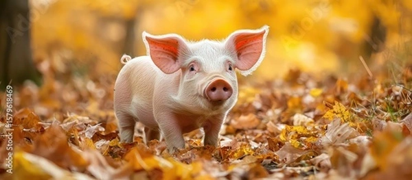 Obraz A small pink piglet stands among fallen autumn leaves. The background features warm orange and yellow foliage, creating a cozy fall atmosphere.