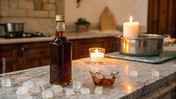 Fototapeta Elegant Home Bar Setup with Drink, Ice, and Warm Candlelight