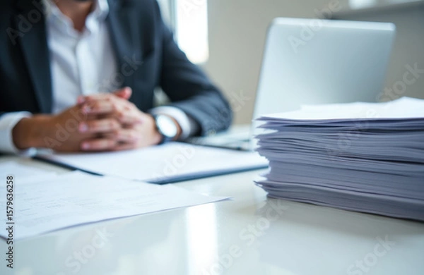 Fototapeta Business professional sitting at desk with a large stack of papers and documents