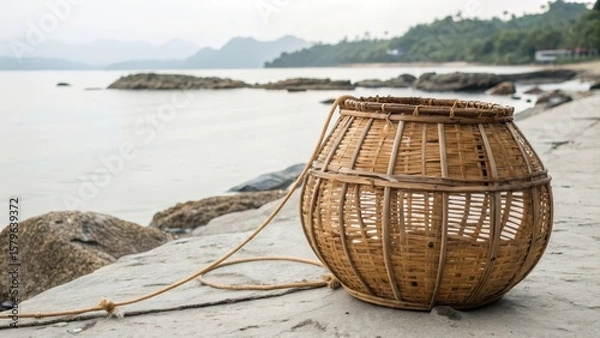 Fototapeta Rustic Woven Basket on Shoreline with Calm Water and Mountains