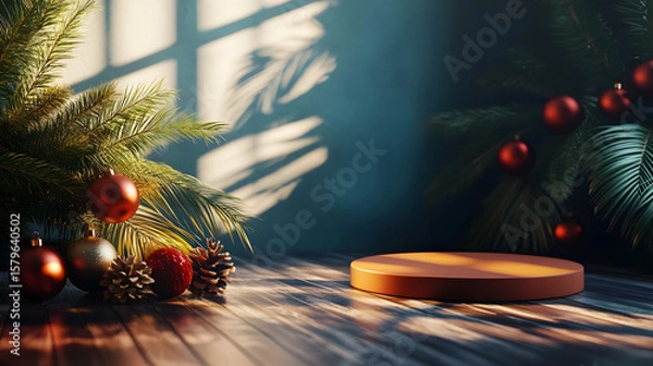 Obraz Festive Christmas Scene with Red and Gold Baubles, Pine Cones, and Evergreen Branches Illuminated by Warm Window Light