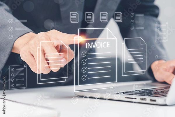 Fototapeta E-Invoice and Digital billing concept, Invoice, Businessman using laptop to manage electronic statements virtual screen. E-tax, Digital receipt, Online invoice processing and tax accounting solutions.
