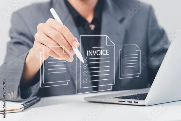 Fototapeta E-Invoice and Digital billing concept, Invoice, Businessman using laptop to manage electronic statements virtual screen. E-tax, Digital receipt, Online invoice processing and tax accounting solutions.