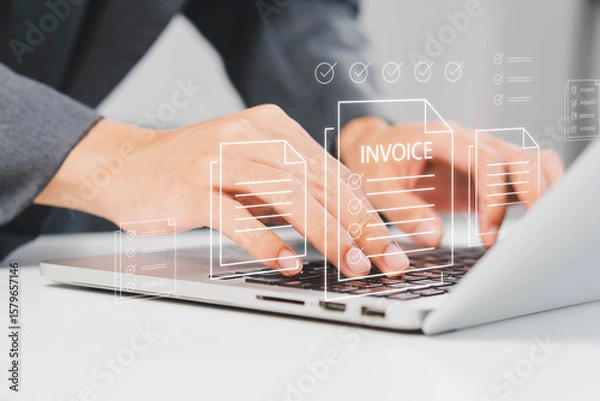 Fototapeta E-Invoice and Digital billing concept, Invoice, Businessman using laptop to manage electronic statements virtual screen. E-tax, Digital receipt, Online invoice processing and tax accounting solutions.