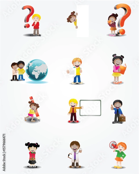 Fototapeta illustration of a multicultural children daily  activity on isolated white background