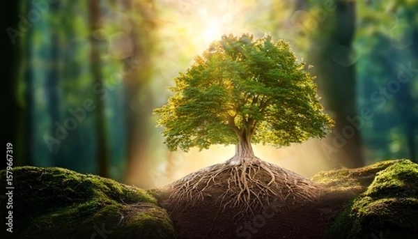 Fototapeta majestic tree emerging from earth illuminated by soft light in enchanted forest setting