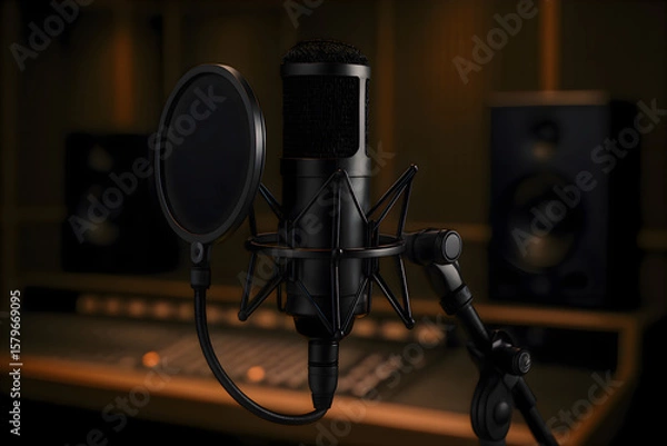 Fototapeta Studio microphone on a stand in a dimly lit recording booth, capturing a close-up view with soft lighting and acoustic background for music or voice recording