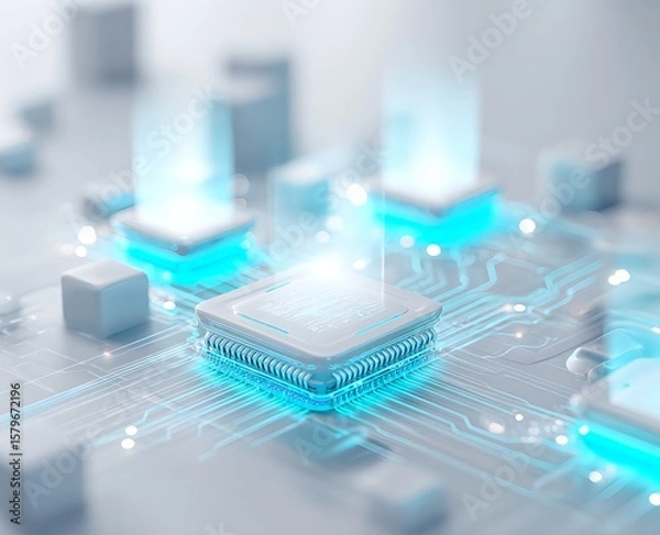 Fototapeta Sleek AI service design featuring neural and circuit patterns in clean white and electric cyan