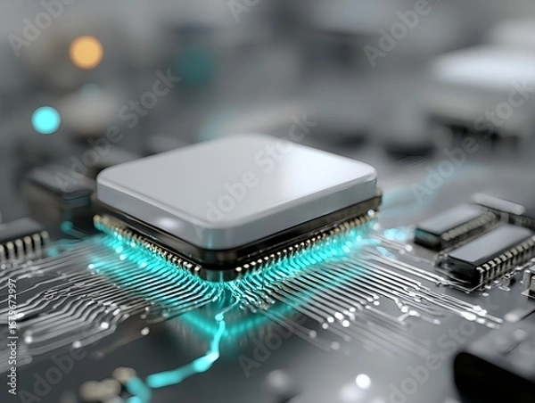 Fototapeta Sleek AI service design featuring neural and circuit patterns in clean white and electric cyan