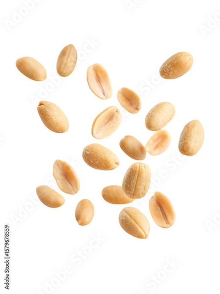 Fototapeta Roasted peanuts float against a dark backdrop, ideal for snack, food advertising, or ingredient visuals.