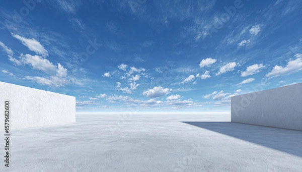 Fototapeta Vast open space with white walls under a clear blue sky