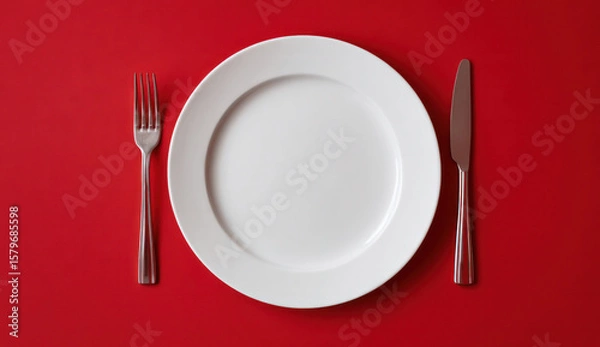 Fototapeta Empty white plate with fork and knife on red background