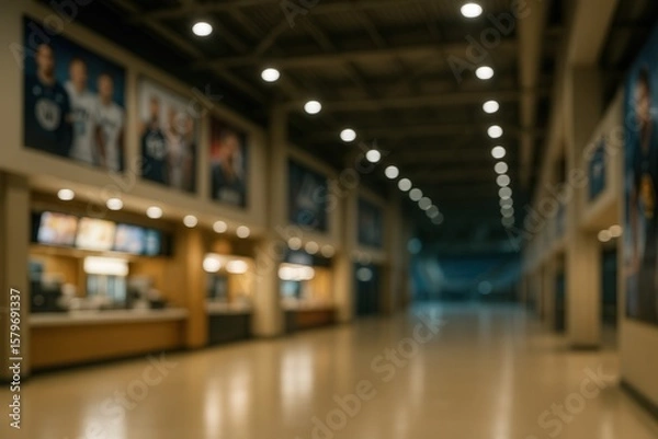Fototapeta Blurred View of Concourse with Concession Stands and Posters in Contemporary Indoor Arena