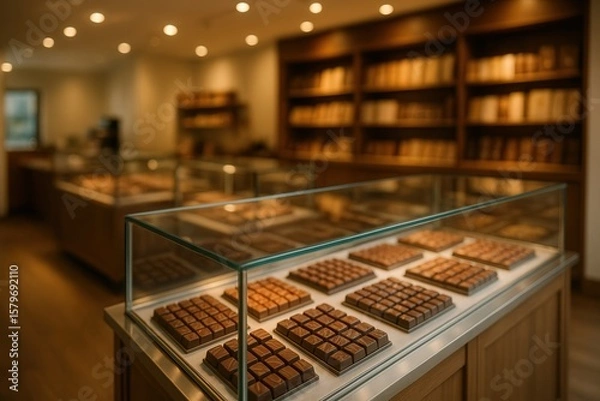 Fototapeta Luxurious Artisan Chocolate Shop Interior with Gourmet Selection Displayed in Glass Counters Under Warm Lighting for Indulgent Shopping Experience