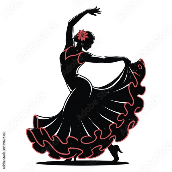 Fototapeta Graceful silhouette of a flamenco dancer in a black dress with red trim and a flower in her hair captured mid performance