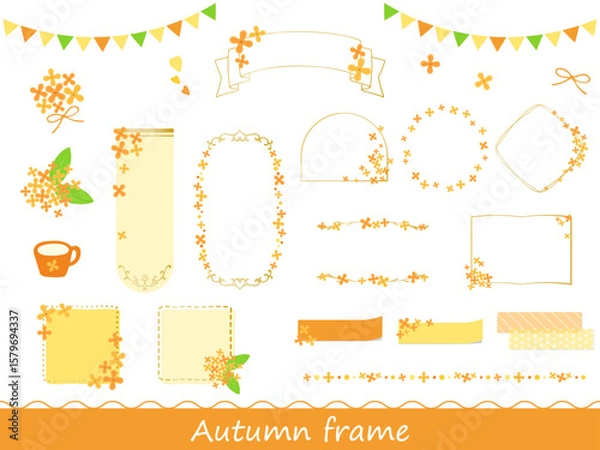 Obraz 金木犀の花がかわいい秋のあしらいやフレームイラストの素材セット