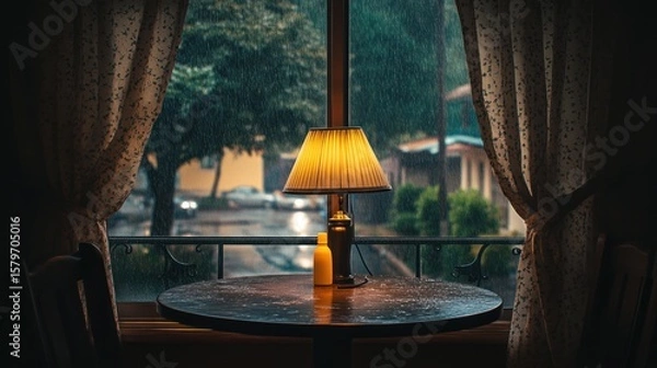 Obraz Warm lamplight in rainy window