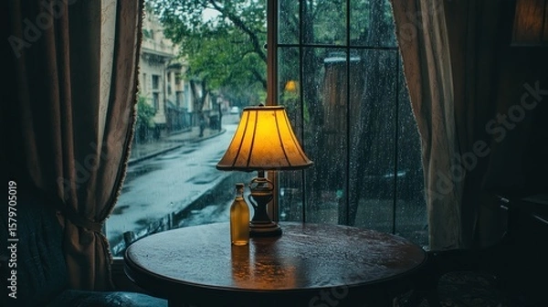 Obraz Rainy window view with lamp