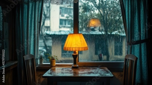 Obraz Rainy window, warm lamp
