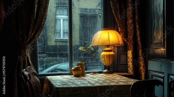 Obraz A warm interior scene by a rainy window