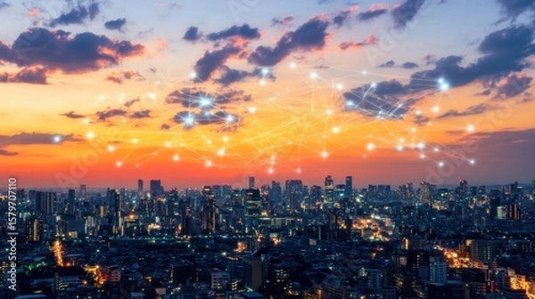 Fototapeta Connected Cityscape:  A Networked Metropolis at Sunset
