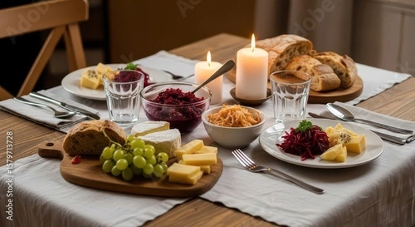 Obraz Beautiful Wooden Table Setting with Cheese Bread Fruits and Candles for Romantic Dinner