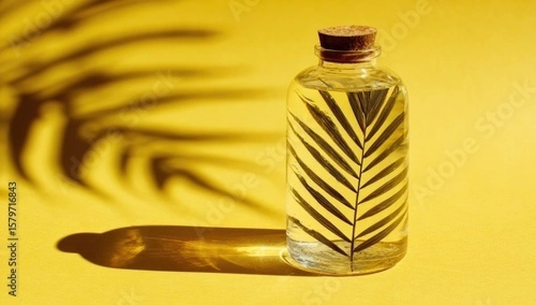 Obraz Sunny glass bottle with palm leaf, yellow backdrop.  Possible use product photography