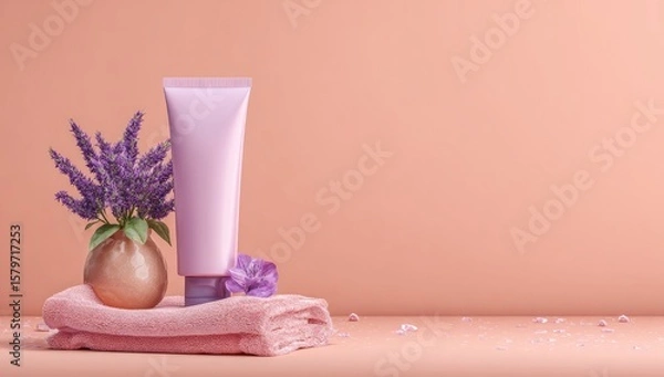Obraz Pink tube cream, lavender, spa, soft towel.  Possible product display