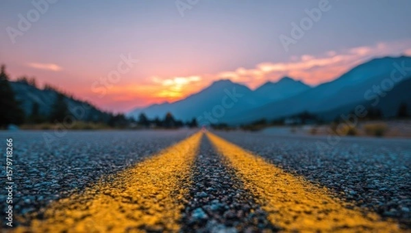 Obraz Mountain Road Sunset Journey; asphalt. Possible use Travel Poster