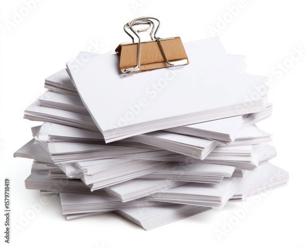 Obraz Stacked papers, office, documents, clip, white background, organizing, work