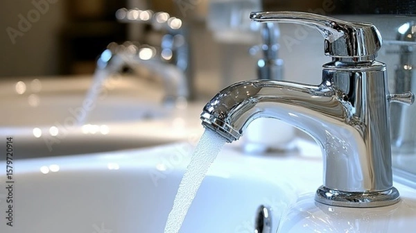 Obraz Water flowing from a chrome faucet into a white sink.