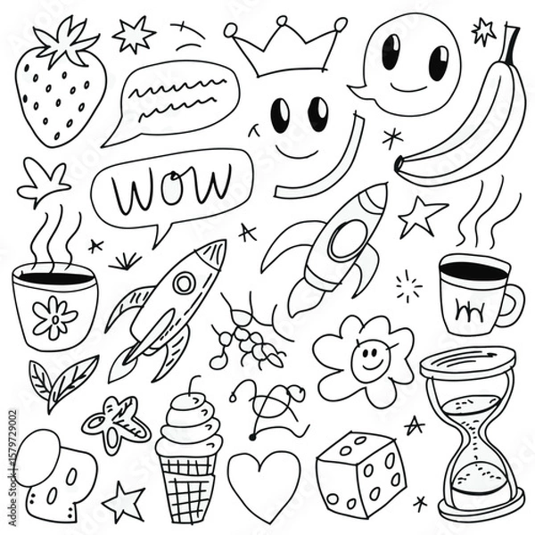 Fototapeta Hand-Drawn Doodle Icon Set with Food, Space, and Emotion Elements

