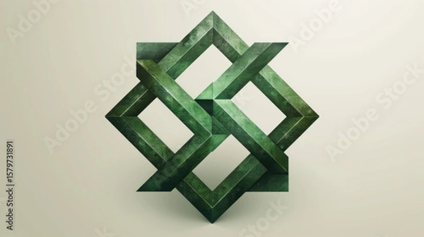 Fototapeta Abstract Geometric Knot Design with Textured Green and Beige Pattern for Modern Decorative Symbol, Artistic Logo, and Creative Background