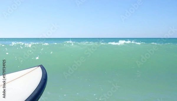Fototapeta シーグリーンとスカイブルーのグラデーション背景に、左下からサーフボードの尖った部分が顔を出し、海辺のアクティブな雰囲気を演出するデザイン

