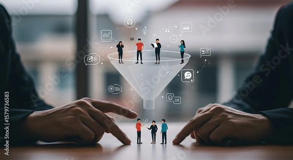 Fototapeta A conceptual illustration shows a professional hand managing a digital sales funnel containing people figures and data, symbolizing prospect screening and customer conversion in a business.
