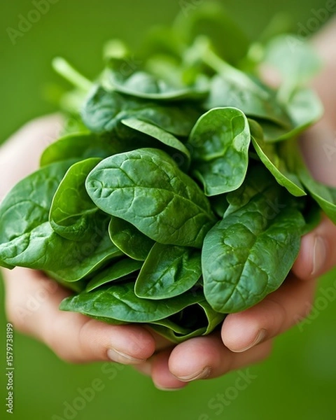 Fototapeta Fresh Green Spinach Leaves Gathered in Hands Ready for Cooking or Salad Preparation
