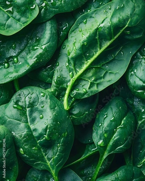 Fototapeta Fresh Green Spinach Leaves with Water Droplets on Vibrant Background