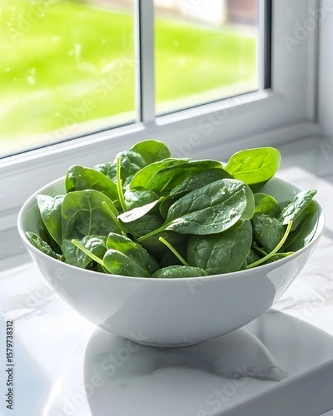 Fototapeta Fresh Spinach Leaves in Bowl by Window with Natural Light and Green Background