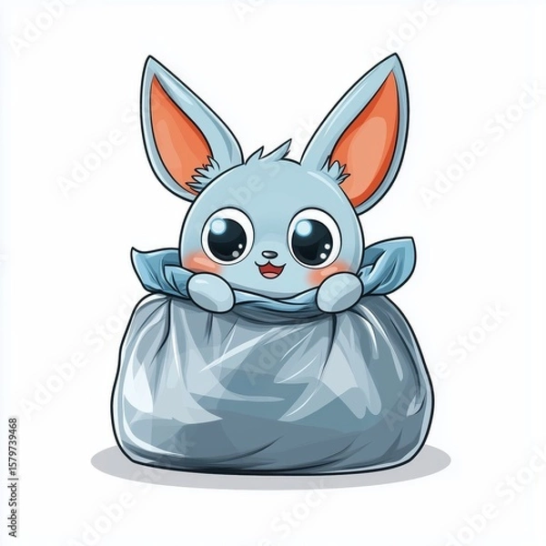Fototapeta A cheerful cartoon bunny with large eyes and pink ears peeks happily out of a gray sack.