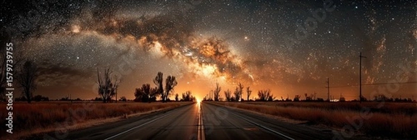 Fototapeta A quiet highway stretches into the distance under the brilliant arc of the Milky Way, glowing with celestial fire.