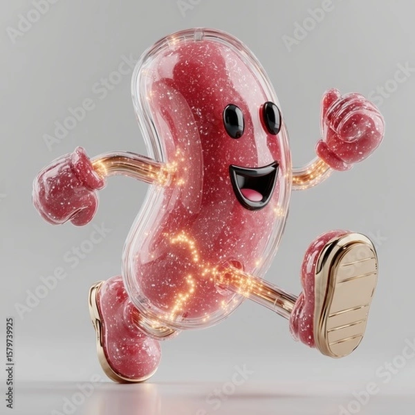 Fototapeta A red jelly bean-like character encased in clear plastic with glowing sparks, mid-run with golden shoes.
