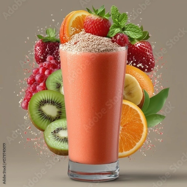 Fototapeta A refreshing fruit smoothie bursting with fresh kiwi, orange, banana, berries, and chia seeds in a colorful explosion.