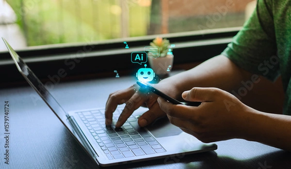 Obraz AI chatbot answering customer questions in real-time, concept of virtual assistant, online support automation, artificial intelligence communication, customer service technology