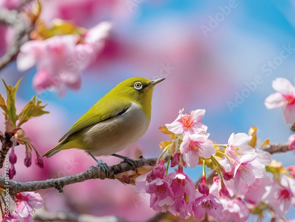Fototapeta 桜の枝にとまる春を感じさせるメジロの美しい姿