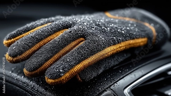 Fototapeta A waterproof detailing glove resting on a wet car hood, emphasizing durability and protection.