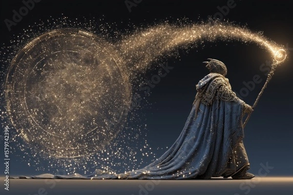 Fototapeta A cloaked wizard conjures a radiant, intricate magic circle with a glowing staff, surrounded by swirling golden particles in the air.