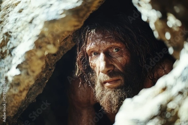 Obraz Bearded prehistoric man wearing animal skins emerges from a cave with a wooden spear, surrounded by rocky terrain and sunlight.