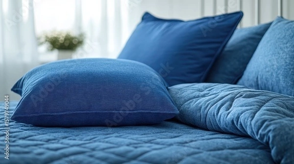 Fototapeta Blue linen bedding close up, featuring pillows and a quilted comforter. Use for sleep, relaxation, home decor, or interior design concepts.